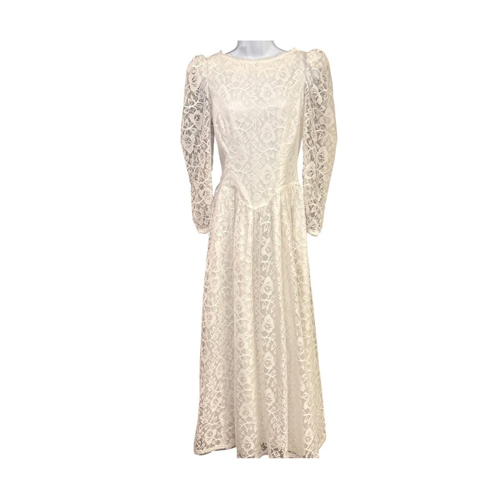 Vintage 1980 White Lace Maxi Dress Long Sleeve Boho Cottagecore Bridal Fairycore